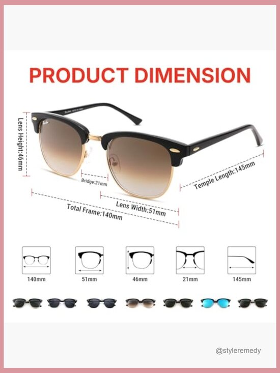 UV400 Semi-Rimless Square Sunglasses with 100% Real Glass Lens